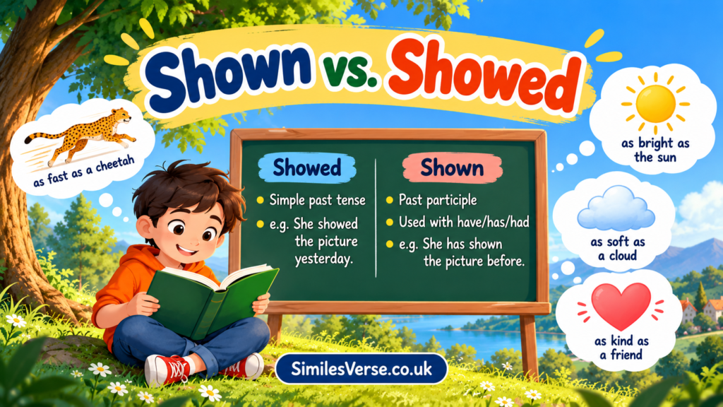 Shown vs. Showed: What’s the Difference and When to Use Each? Shown vs. Showed grammar guide with differences, rules, and examples