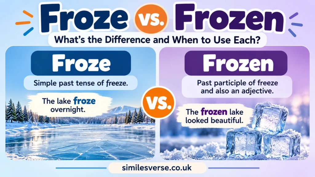 Froze vs Frozen grammar comparison showing the difference between simple past tense and past participle with examples.